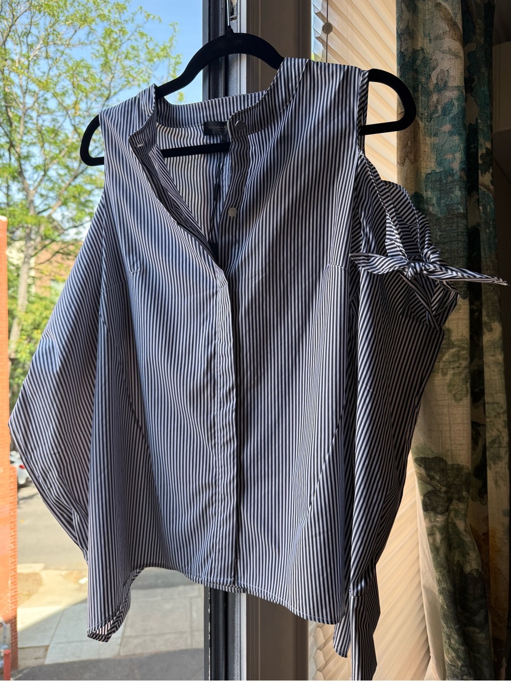 Donna Karan | Striped Open-Shoulder Blouse in Black and White